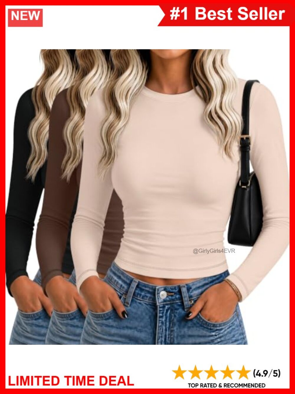 3 Pack Women's Long Sleeve Slim Fit Crop Top Y2K Crew Neck Stretch T-Shirts